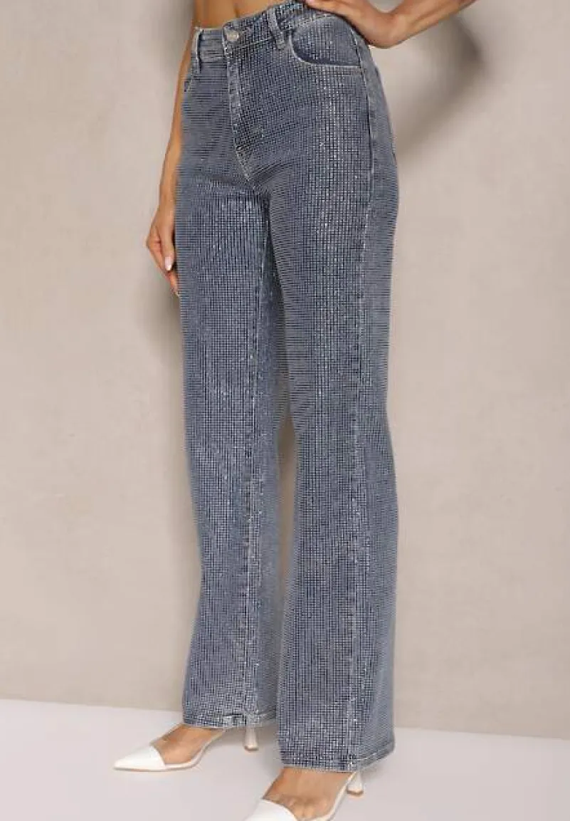 Niebieskie Jeansy Szerokie z Wiskozą i Bawełną High Waist Ozdobione Cyrkoniami Ellione