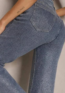 Niebieskie Jeansy Szerokie z Wiskozą i Bawełną High Waist Ozdobione Cyrkoniami Ellione