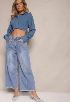Niebieskie Jeansy Szwedy High Waist Zdobione Przeszyciem Wzdłuż Nogawki Pleffia