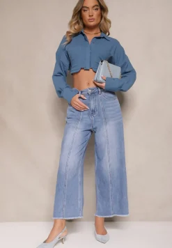 Niebieskie Jeansy Szwedy High Waist Zdobione Przeszyciem Wzdłuż Nogawki Pleffia