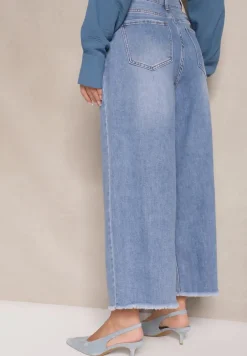 Niebieskie Jeansy Szwedy High Waist Zdobione Przeszyciem Wzdłuż Nogawki Pleffia