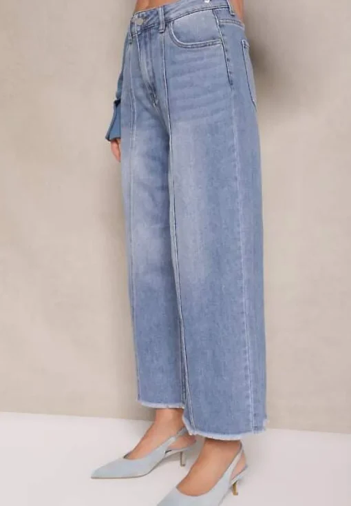 Niebieskie Jeansy Szwedy High Waist Zdobione Przeszyciem Wzdłuż Nogawki Pleffia