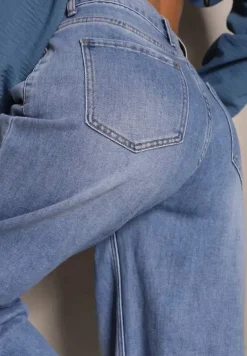 Niebieskie Jeansy Szwedy High Waist Zdobione Przeszyciem Wzdłuż Nogawki Pleffia
