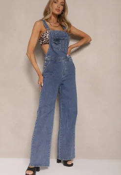 Niebieskie Jeansy Typu Ogrodniczki z Bawełny High Waist z Szerokim Nogawkami Velhiria
