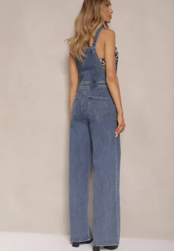 Niebieskie Jeansy Typu Ogrodniczki z Bawełny High Waist z Szerokim Nogawkami Velhiria