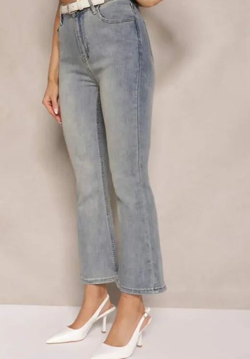 Niebieskie Jeansy z Bawełną High Waist o Kroju Dzwonów Tommea