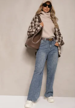 Niebieskie Jeansy z Bawełny o Prostym Kroju z Szerokimi Nogawkami i Paskiem Atteora