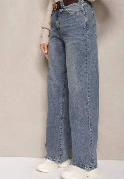 Niebieskie Jeansy z Bawełny o Prostym Kroju z Szerokimi Nogawkami i Paskiem Atteora