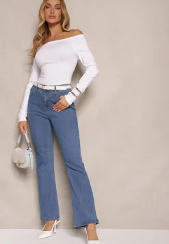 Niebieskie Jeansy z Bawełną High Waist o Fasonie Dzwonów Celinsse