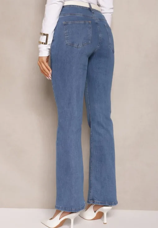 Niebieskie Jeansy z Bawełną High Waist o Fasonie Dzwonów Celinsse