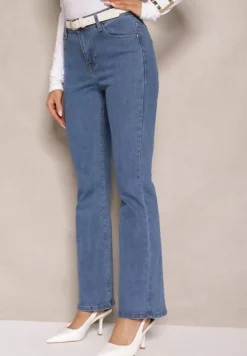 Niebieskie Jeansy z Bawełną High Waist o Fasonie Dzwonów Celinsse