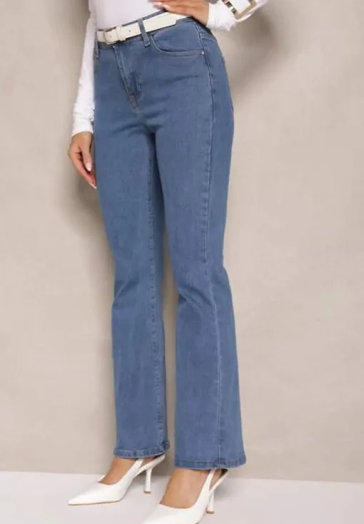 Niebieskie Jeansy z Bawełną High Waist o Fasonie Dzwonów Celinsse
