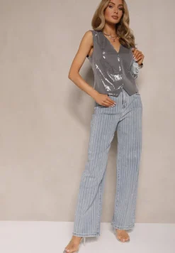 Niebieskie Jeansy z Bawełny o Szerokim Kroju High Waist z Cyrkoniami Polmoi