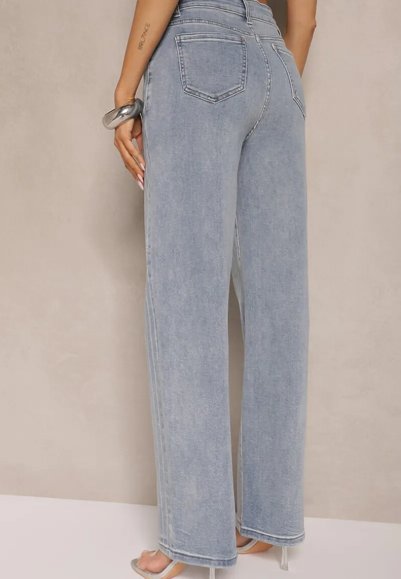 Niebieskie Jeansy z Bawełny o Szerokim Kroju High Waist z Cyrkoniami Polmoi