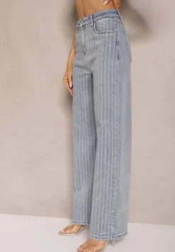 Niebieskie Jeansy z Bawełny o Szerokim Kroju High Waist z Cyrkoniami Polmoi