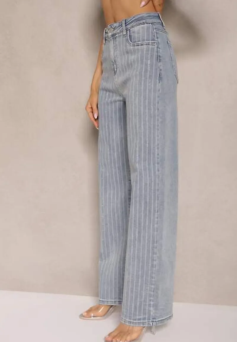 Niebieskie Jeansy z Bawełny o Szerokim Kroju High Waist z Cyrkoniami Polmoi