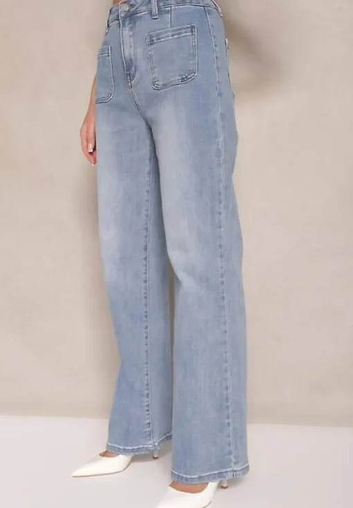 Niebieskie Jeansy z Bawełną High Waist o Szerokim Kroju Elaridia