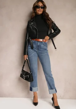 Niebieskie Jeansy z Bawełną Ozdobione Paskiem Przetarciami i Wywiniętymi Nogawkami Rilonne