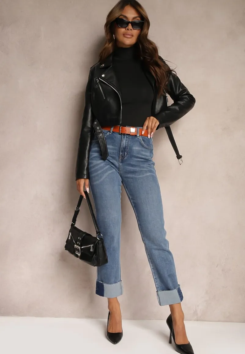 Niebieskie Jeansy z Bawełną Ozdobione Paskiem Przetarciami i Wywiniętymi Nogawkami Rilonne