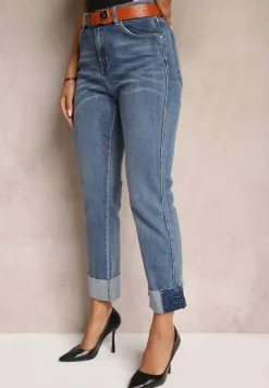 Niebieskie Jeansy z Bawełną Ozdobione Paskiem Przetarciami i Wywiniętymi Nogawkami Rilonne