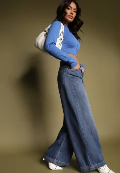Niebieskie Jeansy z Bawełny o Szerokim Kroju High Waist Reanielis