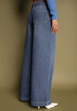 Niebieskie Jeansy z Bawełny o Szerokim Kroju High Waist Reanielis