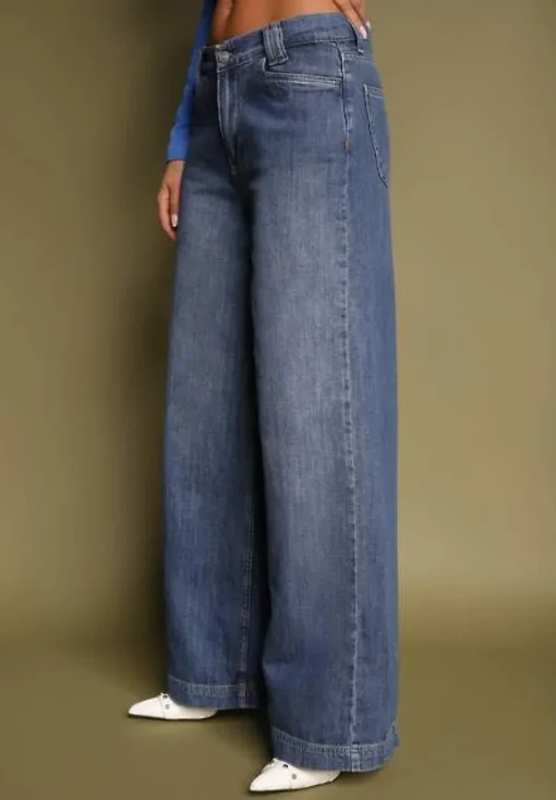 Niebieskie Jeansy z Bawełny o Szerokim Kroju High Waist Reanielis