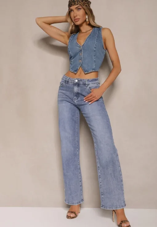 Niebieskie Jeansy z Bawełny o Szerokim Kroju High Waist Mevolisse