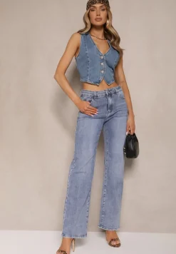 Niebieskie Jeansy z Bawełny o Szerokim Kroju High Waist Mevolisse