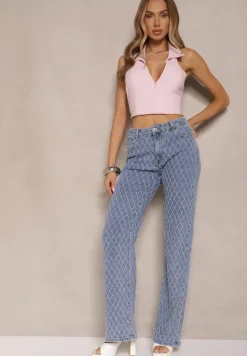 Niebieskie Jeansy z Bawełny High Waist o Szerokim Kroju w Romby Tuvielle