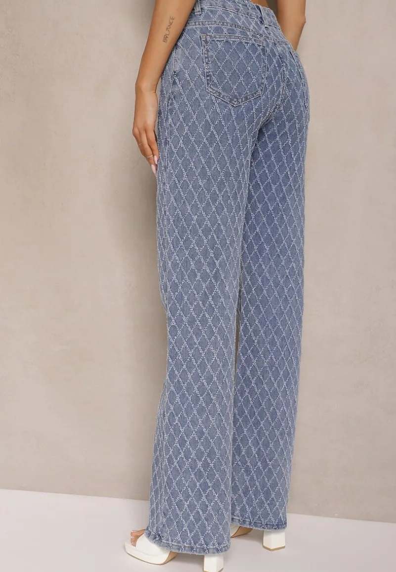 Niebieskie Jeansy z Bawełny High Waist o Szerokim Kroju w Romby Tuvielle