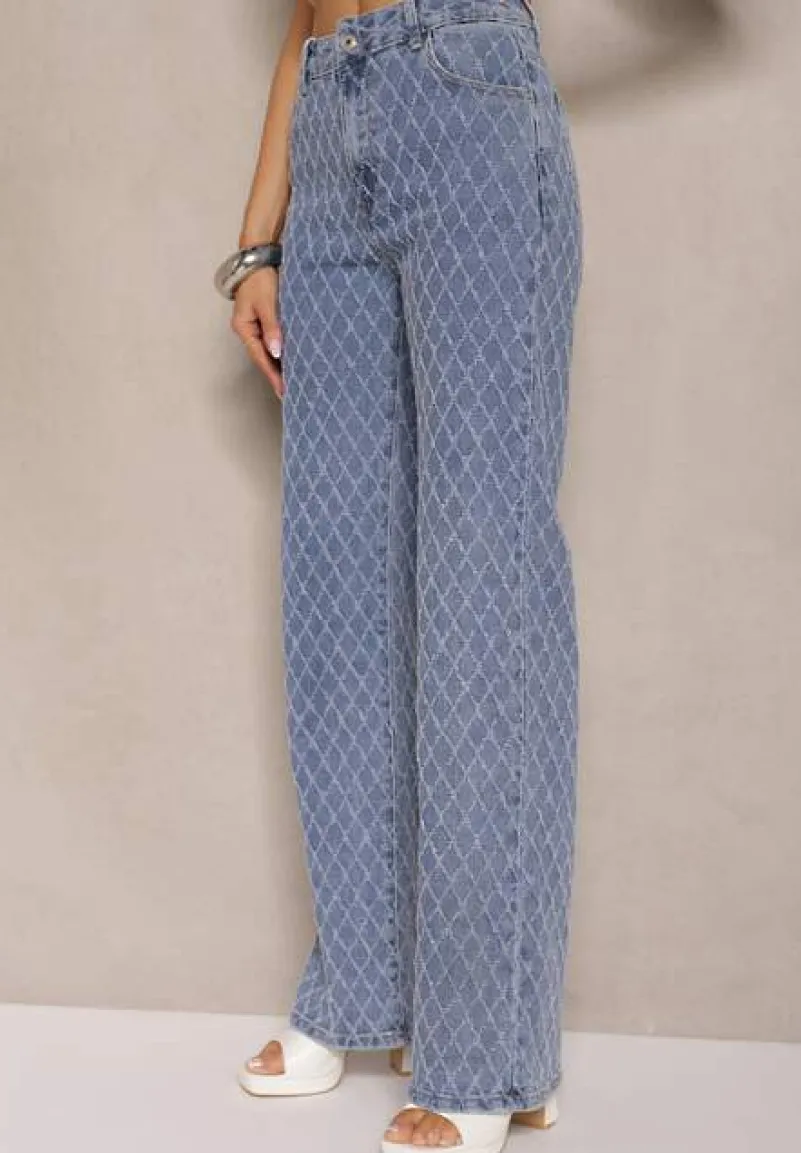 Niebieskie Jeansy z Bawełny High Waist o Szerokim Kroju w Romby Tuvielle