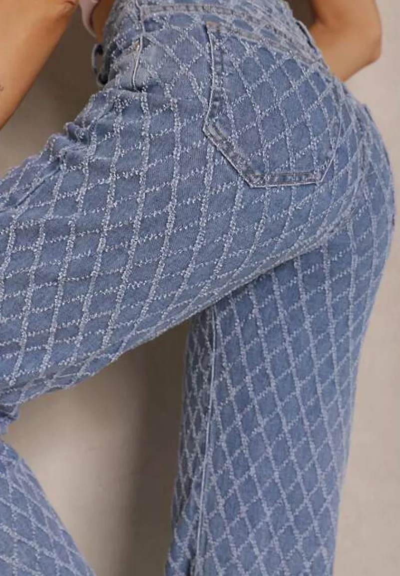 Niebieskie Jeansy z Bawełny High Waist o Szerokim Kroju w Romby Tuvielle