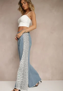 Niebieskie Jeansy z Bawełny High Waist ze Wzorem Panterki Velliane