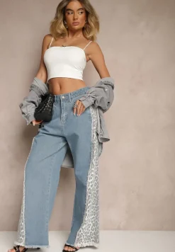 Niebieskie Jeansy z Bawełny High Waist ze Wzorem Panterki Velliane