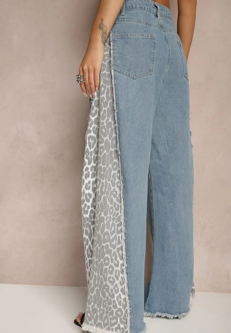 Niebieskie Jeansy z Bawełny High Waist ze Wzorem Panterki Velliane