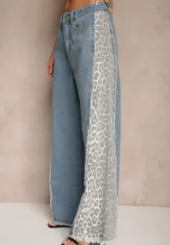 Niebieskie Jeansy z Bawełny High Waist ze Wzorem Panterki Velliane