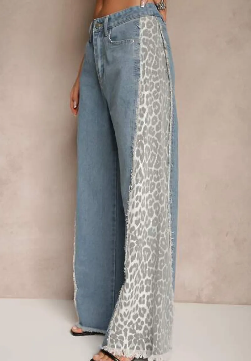 Niebieskie Jeansy z Bawełny High Waist ze Wzorem Panterki Velliane