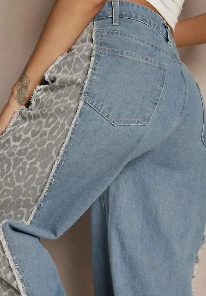 Niebieskie Jeansy z Bawełny High Waist ze Wzorem Panterki Velliane