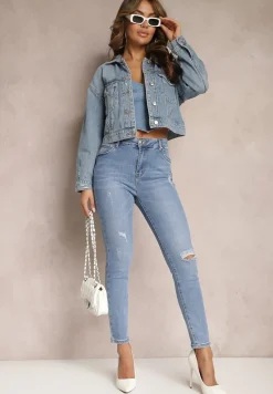 Niebieskie Jeansy z Dziurami i Przetarciami o Fasonie Skinny Klifana