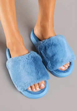 Niebieskie Kapcie na Płaskiej Podeszwie z Futrem Temitha
