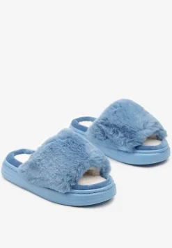 Niebieskie Kapcie na Płaskiej Podeszwie z Futrem Temitha