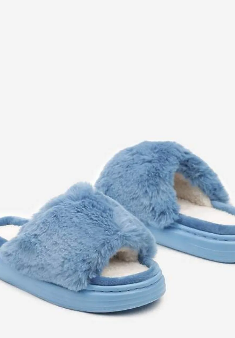 Niebieskie Kapcie na Płaskiej Podeszwie z Futrem Temitha
