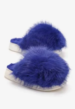 Niebieskie Kapcie ze Sztucznym Futrem na Grubej Podeszwie Demofa