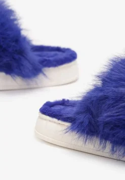 Niebieskie Kapcie ze Sztucznym Futrem na Grubej Podeszwie Demofa