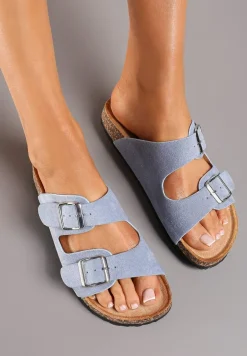 Niebieskie Klapki z Paskami z Regulacją i Ozdobną Sprzączką oraz Korkową Podeszwą Ozenia