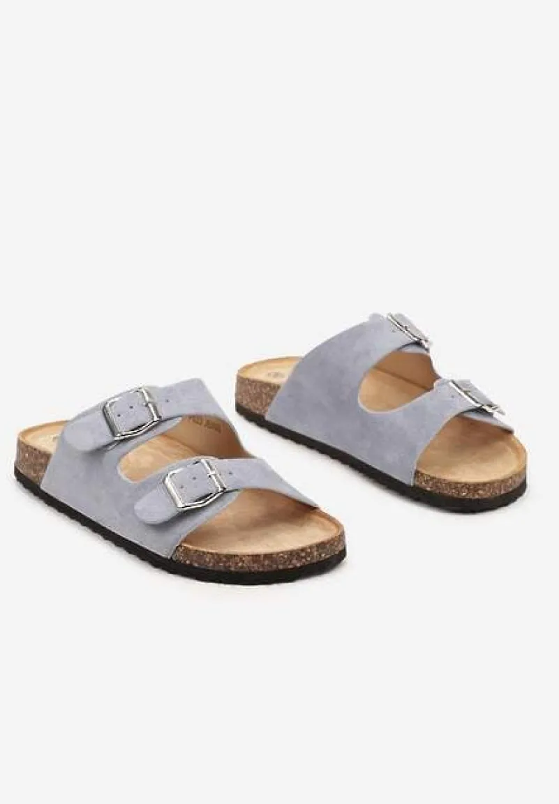 Niebieskie Klapki z Paskami z Regulacją i Ozdobną Sprzączką oraz Korkową Podeszwą Ozenia