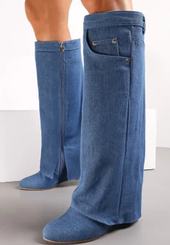 Niebieskie Kozaki z Wywiniętą Cholewką na Koturnie Maranele