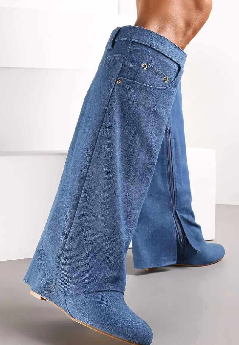 Niebieskie Kozaki z Wywiniętą Cholewką na Koturnie Maranele