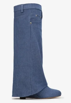 Niebieskie Kozaki z Wywiniętą Cholewką na Koturnie Maranele